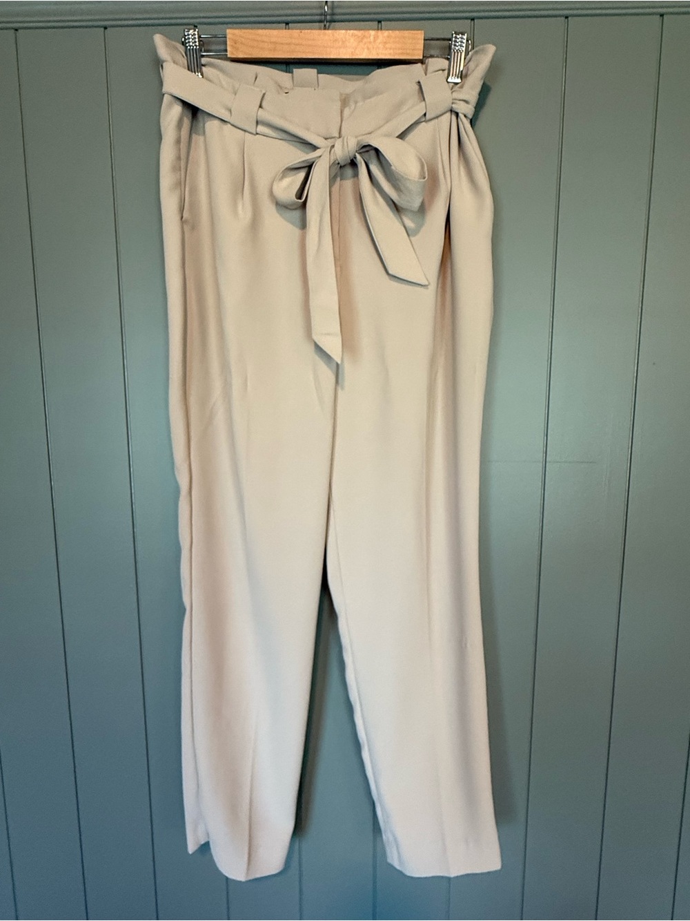 Express Cream Paperbag Waist Wide-Leg Pants with Tie